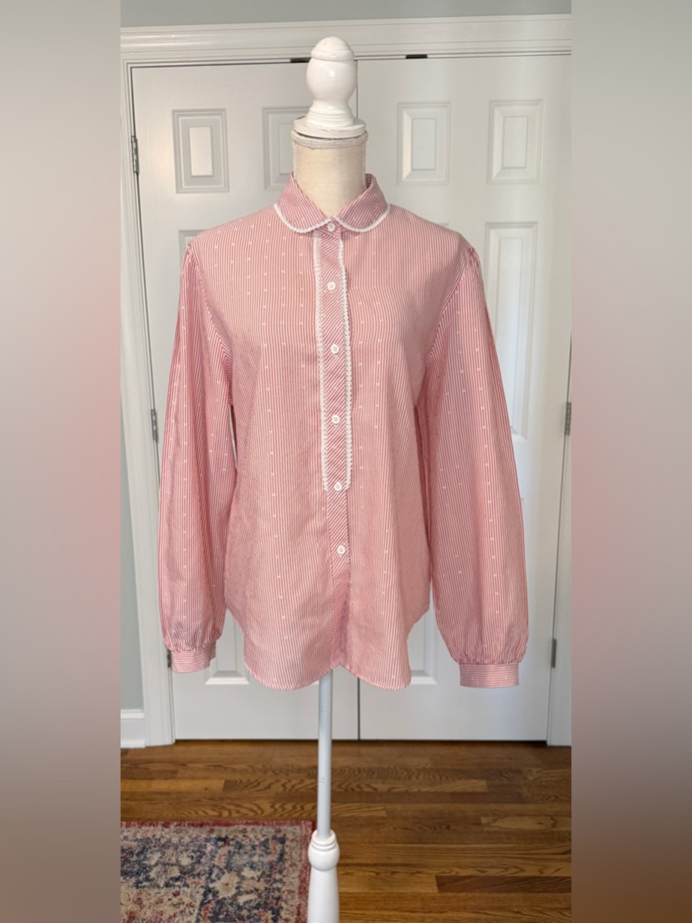 Koret City Blues Union Made Red White Striped Buttoned Blouse Heart & Lace Sz XL